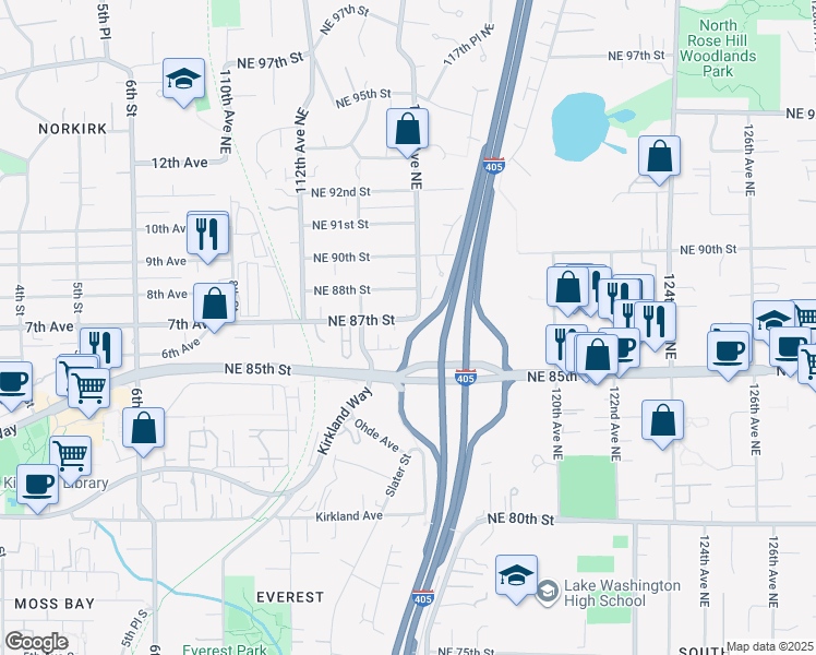 map of restaurants, bars, coffee shops, grocery stores, and more near 11425 Northeast 87th Street in Kirkland