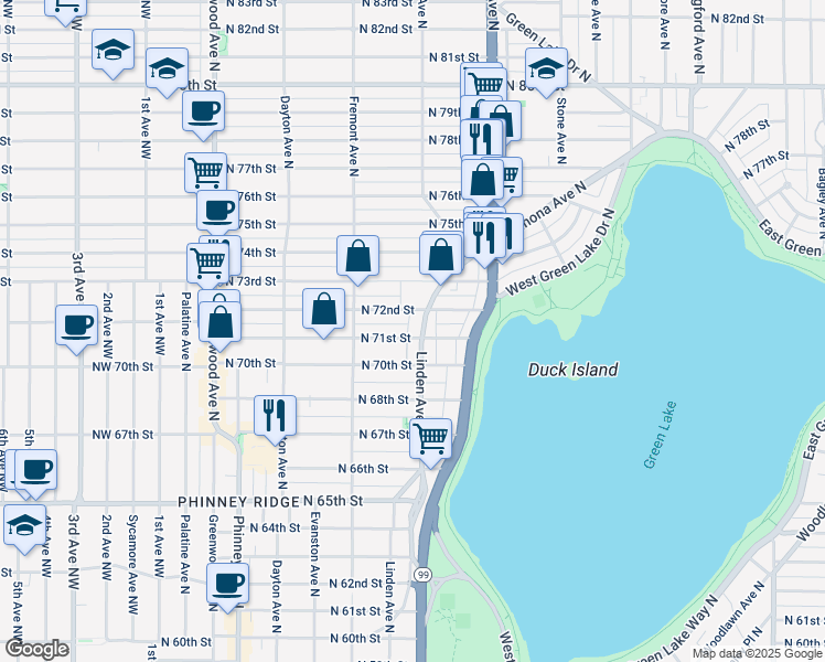 map of restaurants, bars, coffee shops, grocery stores, and more near 7105 Linden Avenue North in Seattle