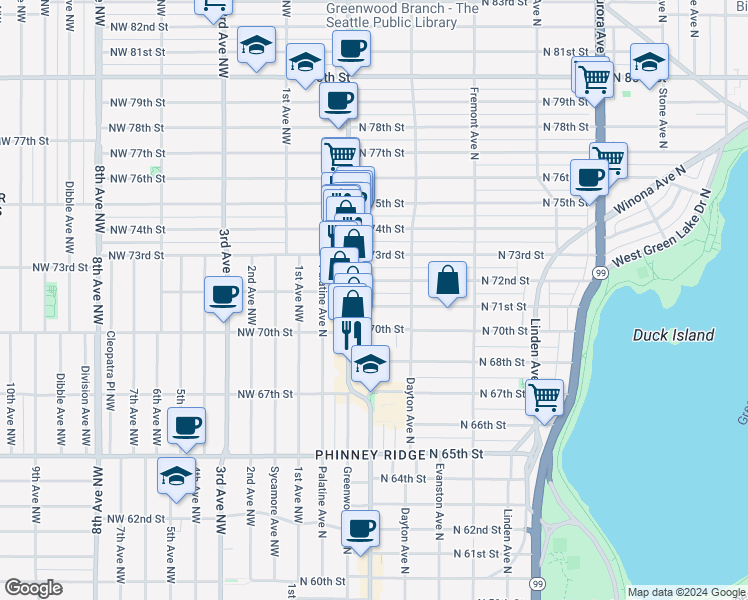 map of restaurants, bars, coffee shops, grocery stores, and more near 342 North 71st Street in Seattle