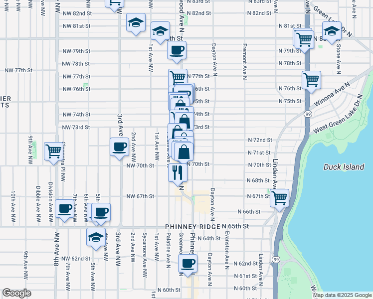 map of restaurants, bars, coffee shops, grocery stores, and more near 7102 Greenwood Avenue North in Seattle