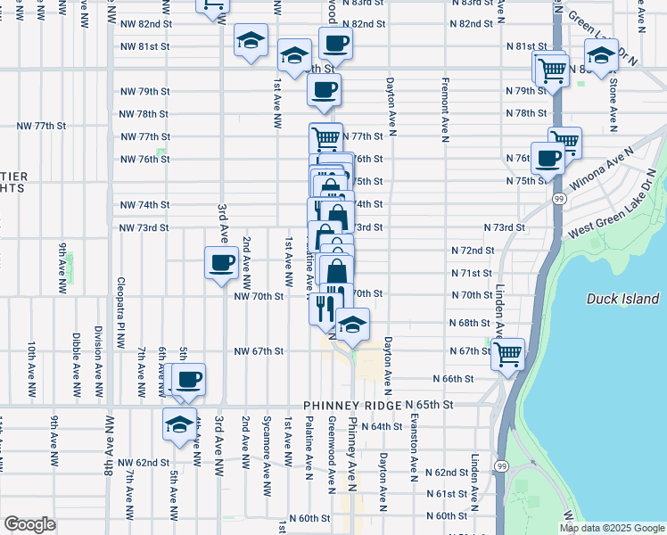 map of restaurants, bars, coffee shops, grocery stores, and more near 7102 Greenwood Avenue North in Seattle