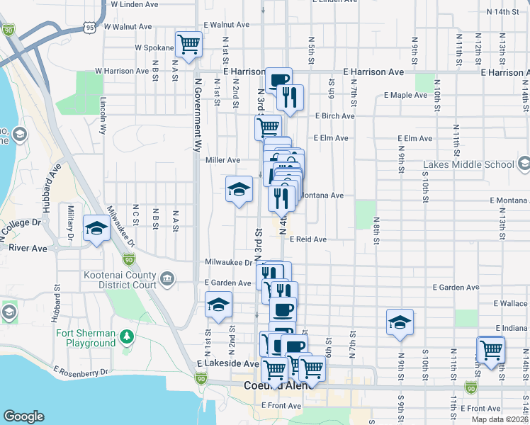 map of restaurants, bars, coffee shops, grocery stores, and more near 802 North 3rd Street in Coeur d'Alene