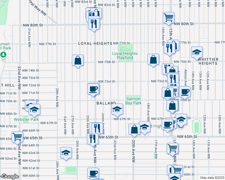 map of restaurants, bars, coffee shops, grocery stores, and more near 7032 23rd Avenue Northwest in Seattle