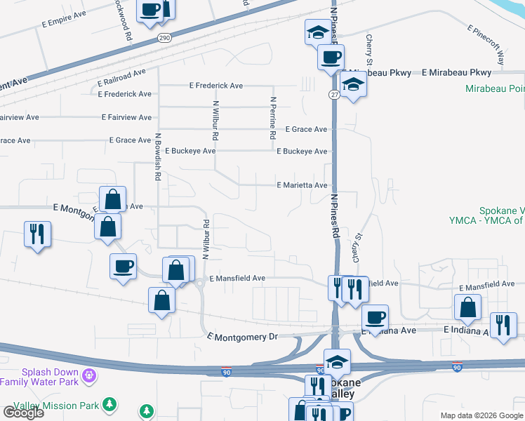 map of restaurants, bars, coffee shops, grocery stores, and more near 2602 North Gary Laurie Court in Spokane Valley