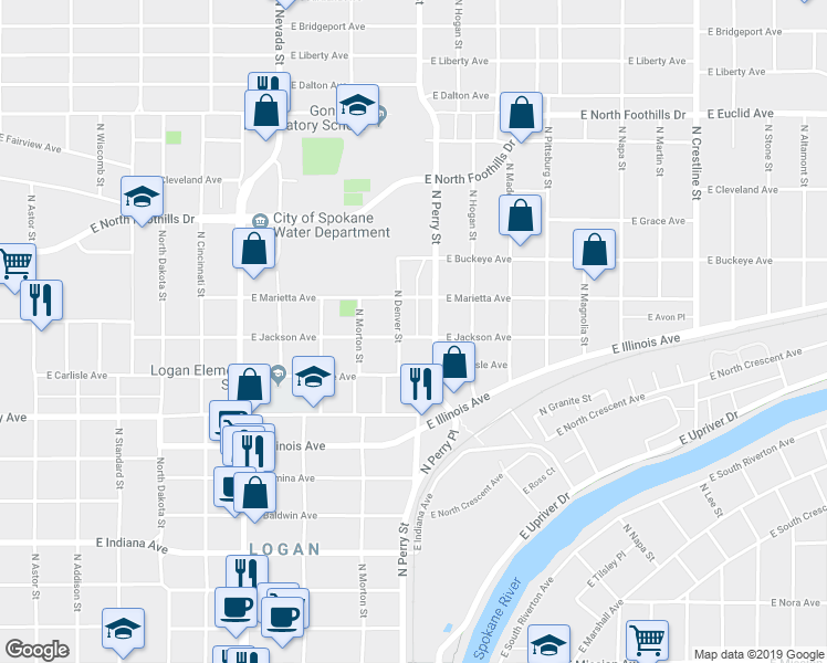 map of restaurants, bars, coffee shops, grocery stores, and more near 1317 East Jackson Avenue in Spokane