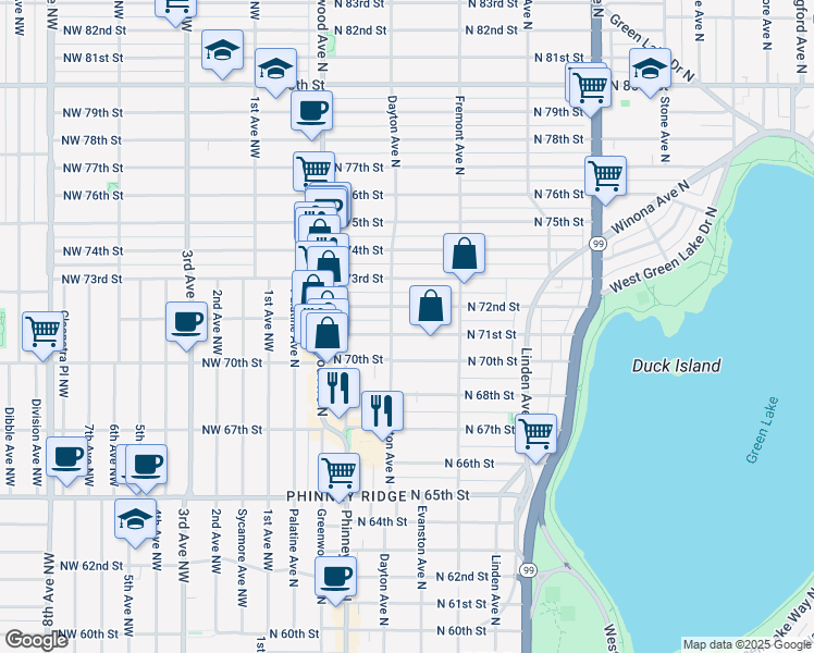 map of restaurants, bars, coffee shops, grocery stores, and more near 512 North 71st Street in Seattle