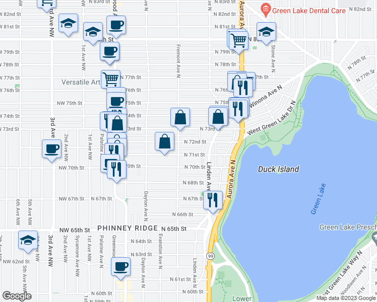 map of restaurants, bars, coffee shops, grocery stores, and more near 718 North 71st Street in Seattle