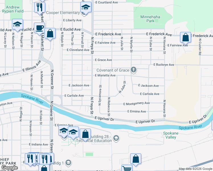 map of restaurants, bars, coffee shops, grocery stores, and more near 2427 North Rebecca Street in Spokane
