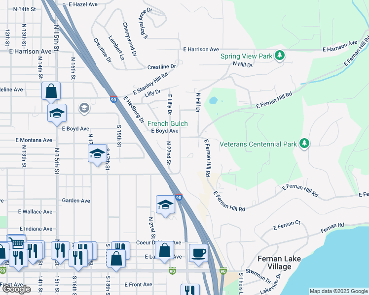 map of restaurants, bars, coffee shops, grocery stores, and more near 832 North 23rd Street in Coeur d'Alene