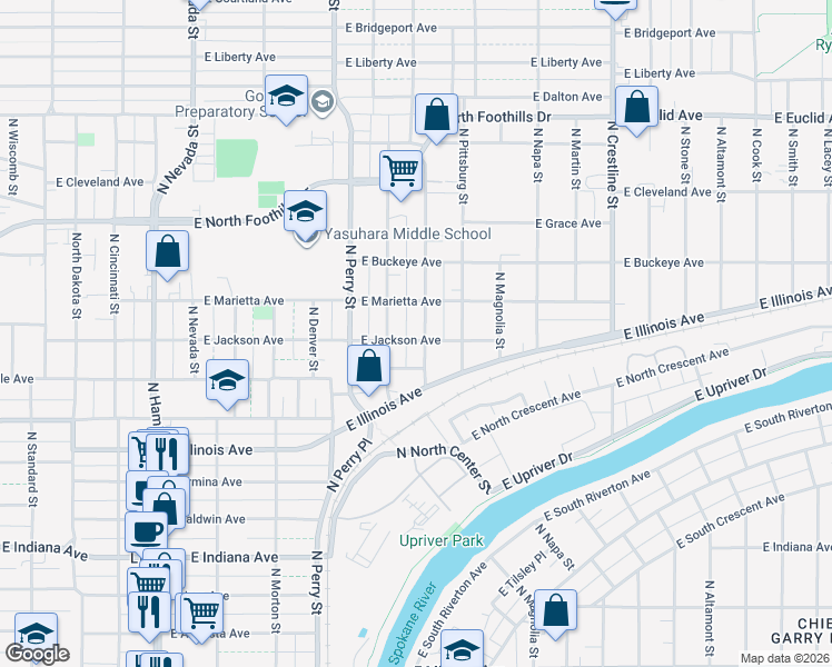 map of restaurants, bars, coffee shops, grocery stores, and more near 2506 North Hogan Street in Spokane