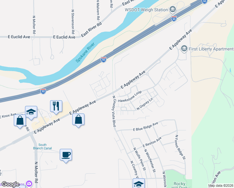 map of restaurants, bars, coffee shops, grocery stores, and more near 24370 Hawkstone Loop in Liberty Lake