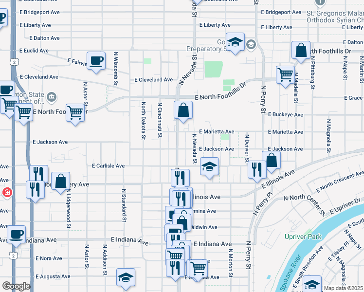 map of restaurants, bars, coffee shops, grocery stores, and more near 905 East Jackson Avenue in Spokane