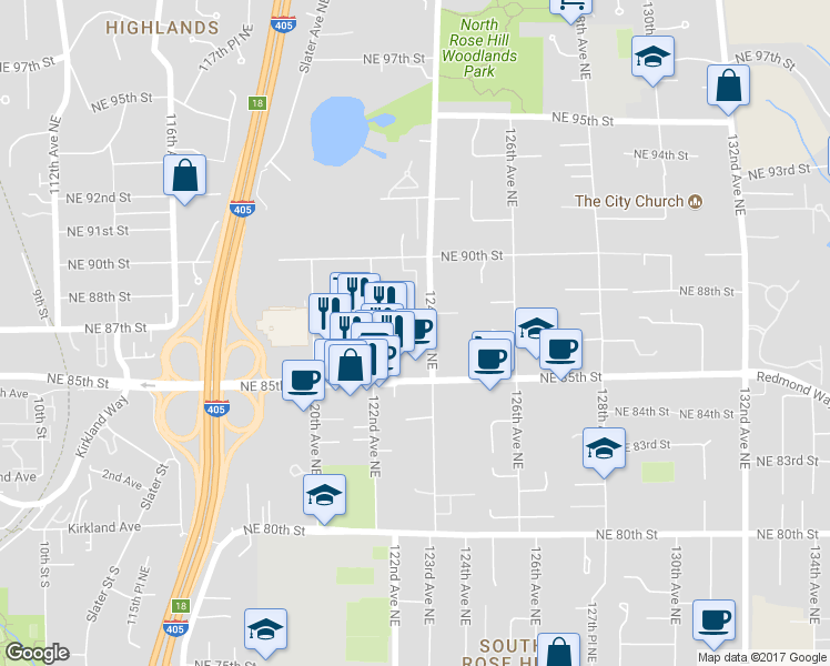 map of restaurants, bars, coffee shops, grocery stores, and more near 12316 Northeast 86th Way in Kirkland