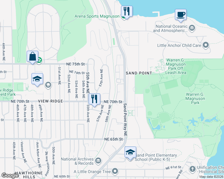 map of restaurants, bars, coffee shops, grocery stores, and more near 7112 58th Avenue Northeast in Seattle