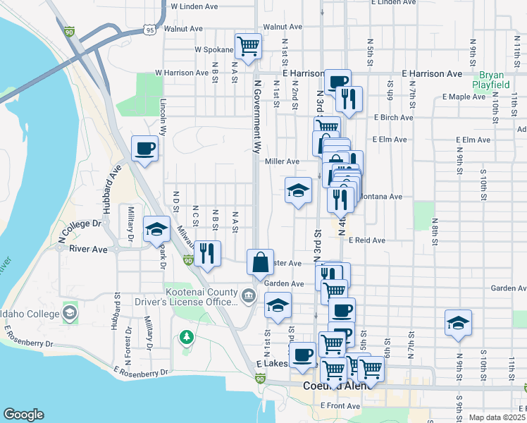 map of restaurants, bars, coffee shops, grocery stores, and more near 766 North Government Way in Coeur d'Alene
