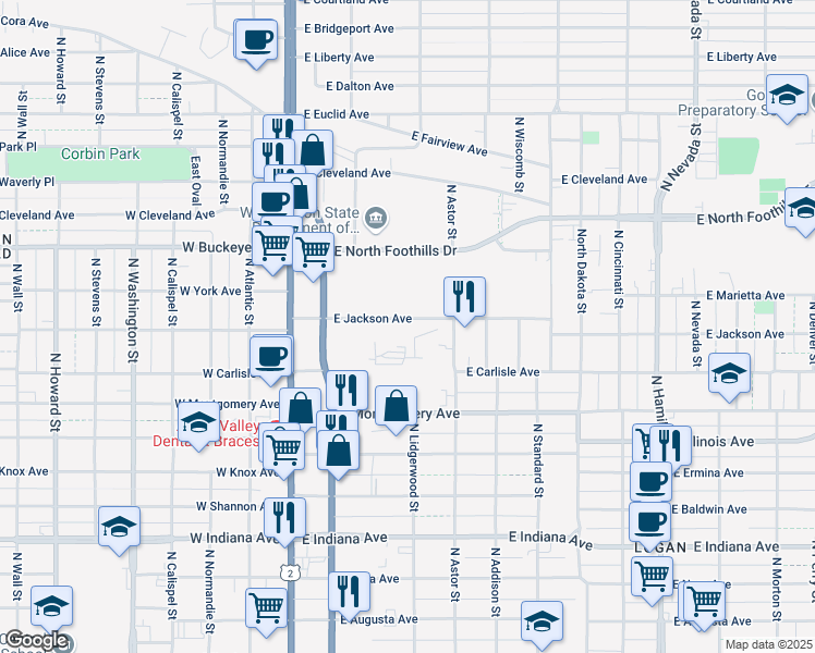 map of restaurants, bars, coffee shops, grocery stores, and more near 220 East Jackson Avenue in Spokane