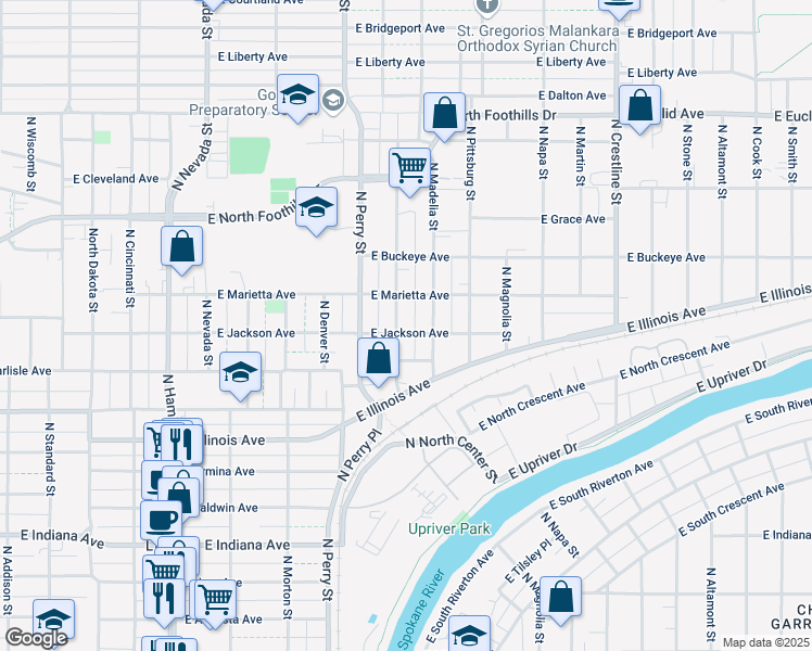 map of restaurants, bars, coffee shops, grocery stores, and more near 2506 North Hogan Street in Spokane