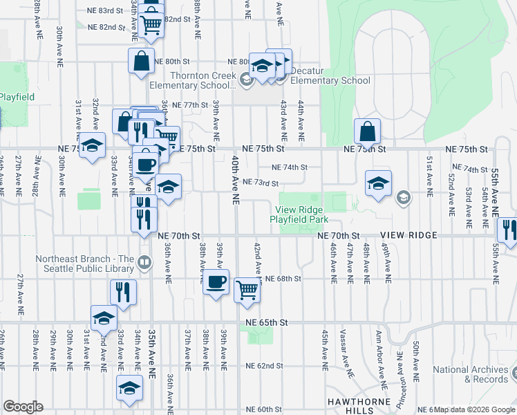 map of restaurants, bars, coffee shops, grocery stores, and more near 7038 42nd Avenue Northeast in Seattle