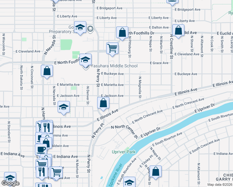 map of restaurants, bars, coffee shops, grocery stores, and more near 2506 North Hogan Street in Spokane