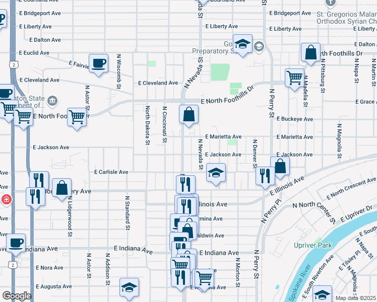 map of restaurants, bars, coffee shops, grocery stores, and more near 905 East Jackson Avenue in Spokane