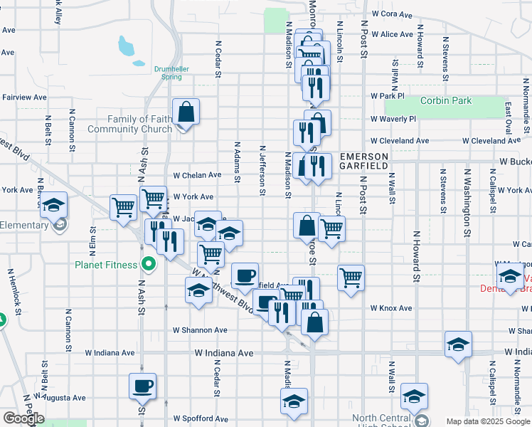 map of restaurants, bars, coffee shops, grocery stores, and more near 1118 West Jackson Avenue in Spokane