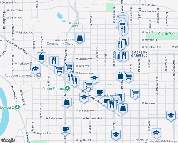 map of restaurants, bars, coffee shops, grocery stores, and more near 1316 West Jackson Avenue in Spokane