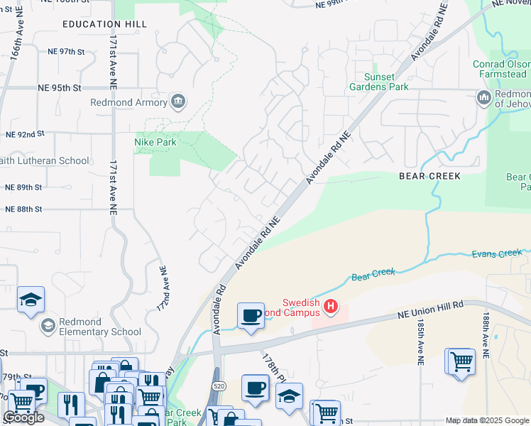 map of restaurants, bars, coffee shops, grocery stores, and more near 17722 Northeast 88th Place in Redmond