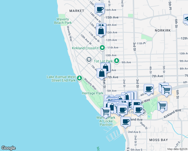 map of restaurants, bars, coffee shops, grocery stores, and more near 508 2nd Street in Kirkland