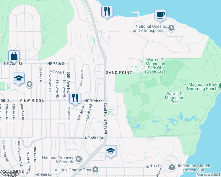 map of restaurants, bars, coffee shops, grocery stores, and more near 7001 Sand Point Way Northeast in Seattle