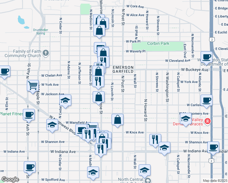 map of restaurants, bars, coffee shops, grocery stores, and more near 820 West Jackson Avenue in Spokane