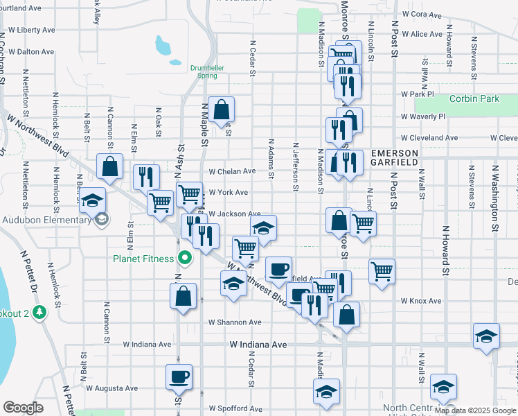 map of restaurants, bars, coffee shops, grocery stores, and more near 1316 West Jackson Avenue in Spokane