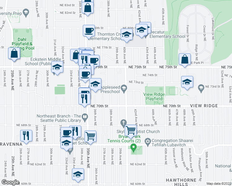 map of restaurants, bars, coffee shops, grocery stores, and more near 7034 39th Avenue Northeast in Seattle