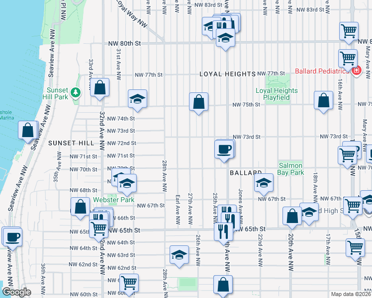 map of restaurants, bars, coffee shops, grocery stores, and more near 7033 27th Avenue Northwest in Seattle