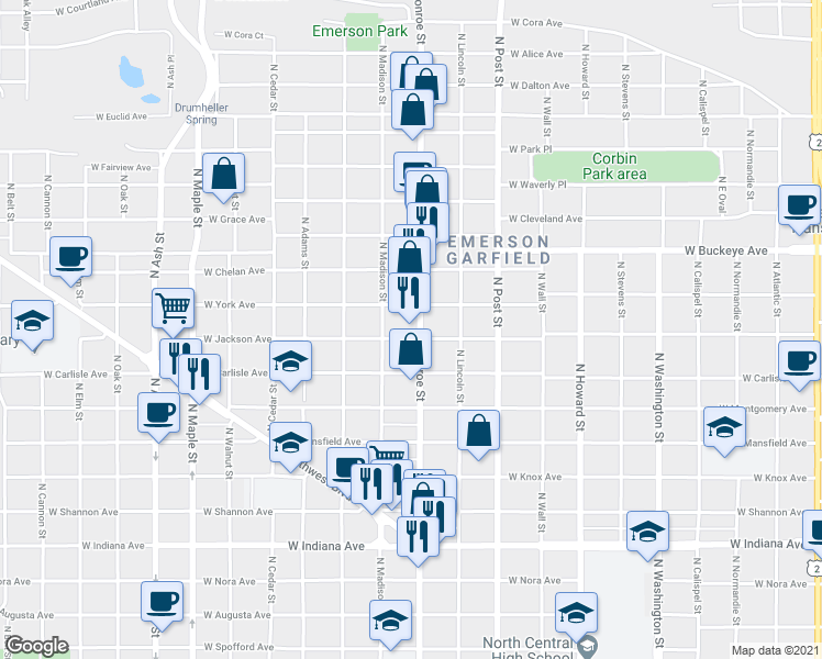 map of restaurants, bars, coffee shops, grocery stores, and more near 2501 North Monroe Street in Spokane