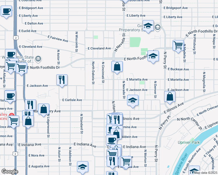 map of restaurants, bars, coffee shops, grocery stores, and more near 817 East Jackson Avenue in Spokane