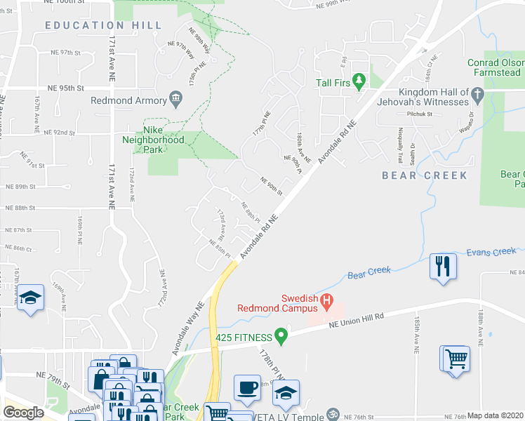 map of restaurants, bars, coffee shops, grocery stores, and more near 17722 Northeast 88th Place in Redmond