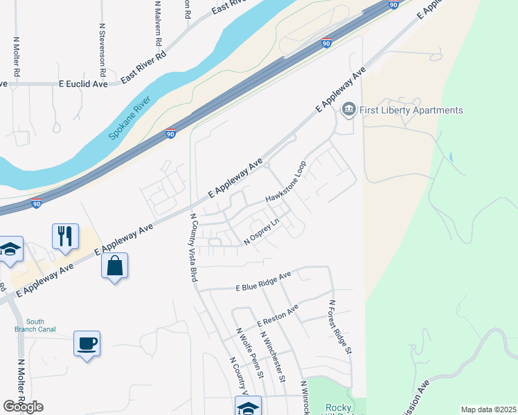 map of restaurants, bars, coffee shops, grocery stores, and more near 24512 Hawkstone Loop in Liberty Lake