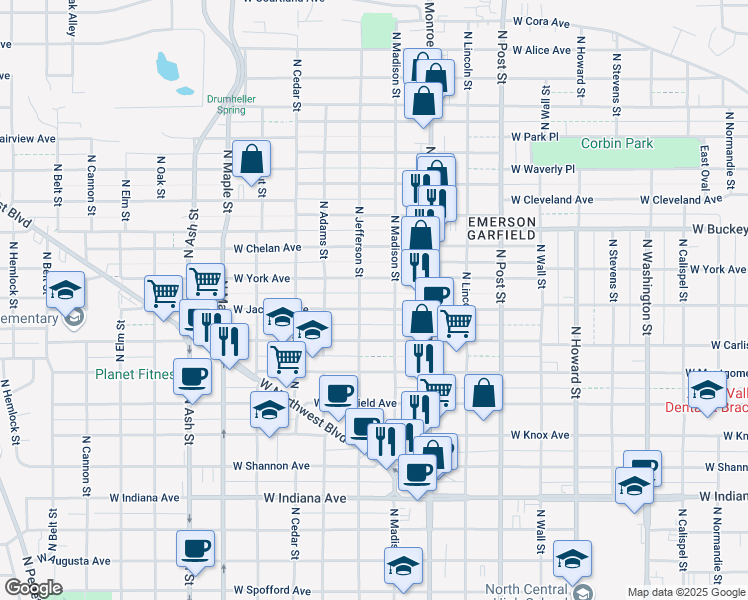 map of restaurants, bars, coffee shops, grocery stores, and more near 1118 West Jackson Avenue in Spokane