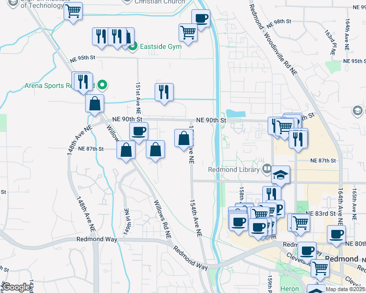 map of restaurants, bars, coffee shops, grocery stores, and more near 15319 NE 90th St in Redmond