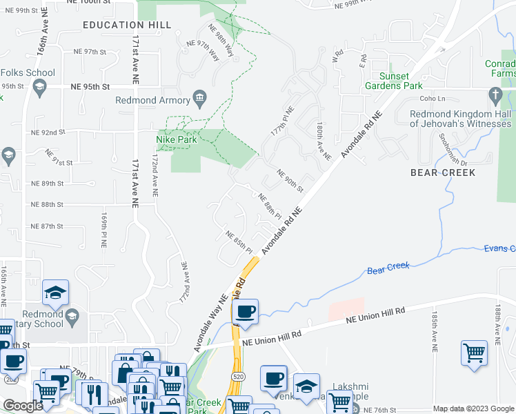 map of restaurants, bars, coffee shops, grocery stores, and more near 17633 Northeast 88th Place in Redmond