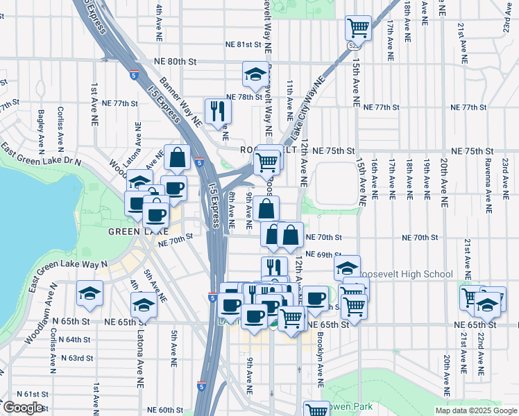 map of restaurants, bars, coffee shops, grocery stores, and more near 7120 Roosevelt Way Northeast in Seattle