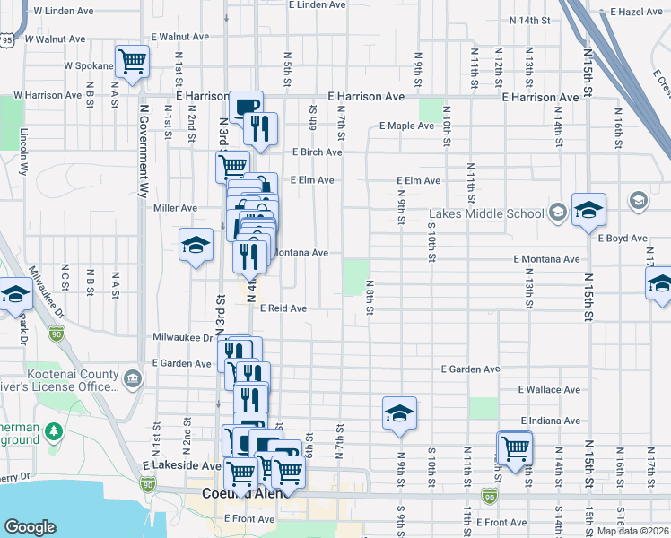 map of restaurants, bars, coffee shops, grocery stores, and more near 831 North 7th Street in Coeur d'Alene