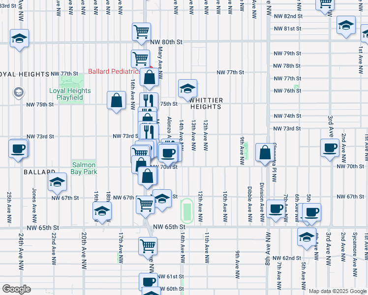 map of restaurants, bars, coffee shops, grocery stores, and more near 7038 14th Avenue Northwest in Seattle