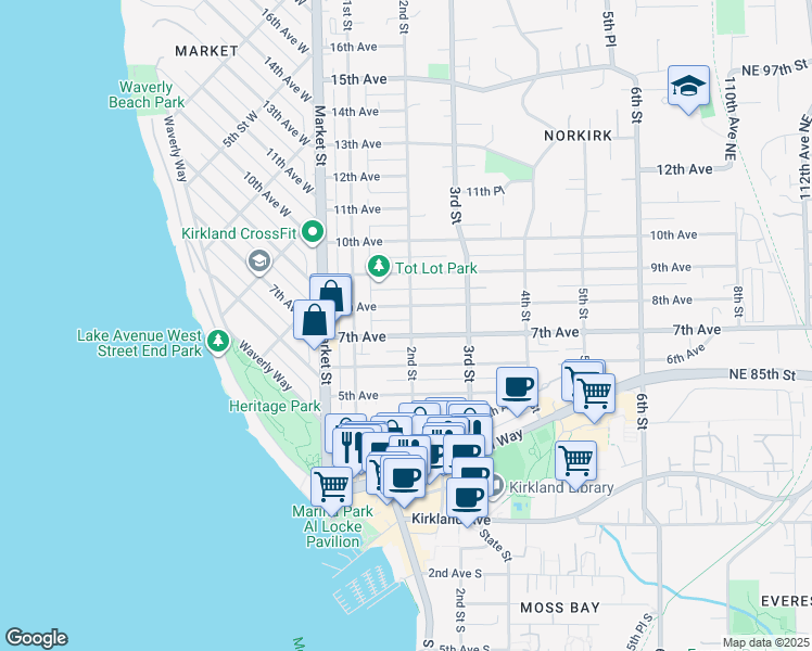 map of restaurants, bars, coffee shops, grocery stores, and more near 146 7th Avenue in Kirkland