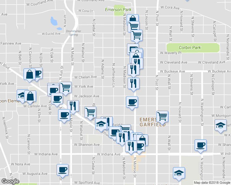 map of restaurants, bars, coffee shops, grocery stores, and more near 1118 West Jackson Avenue in Spokane