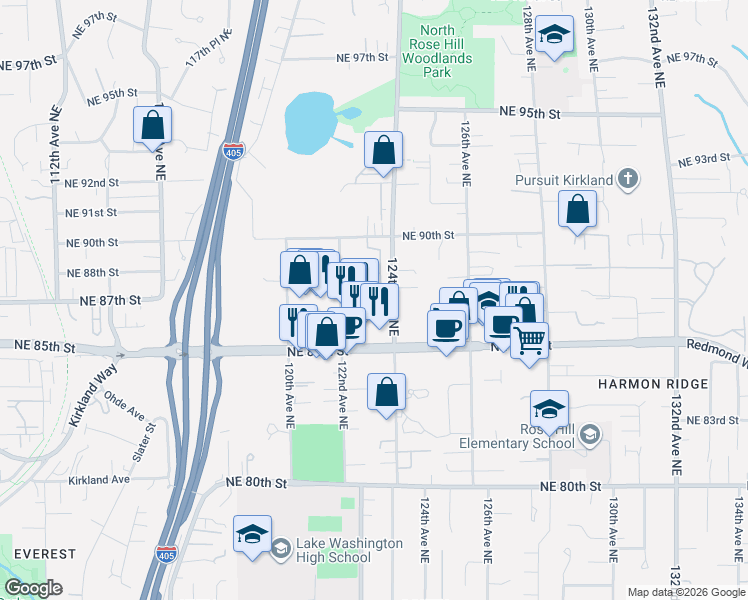 map of restaurants, bars, coffee shops, grocery stores, and more near 12325 Northeast 86th Way in Kirkland
