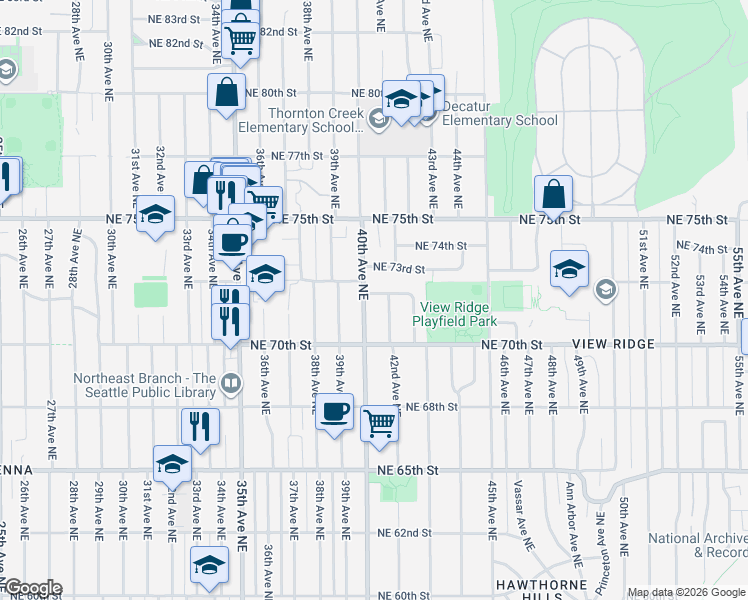 map of restaurants, bars, coffee shops, grocery stores, and more near 4009 Northeast 72nd Street in Seattle