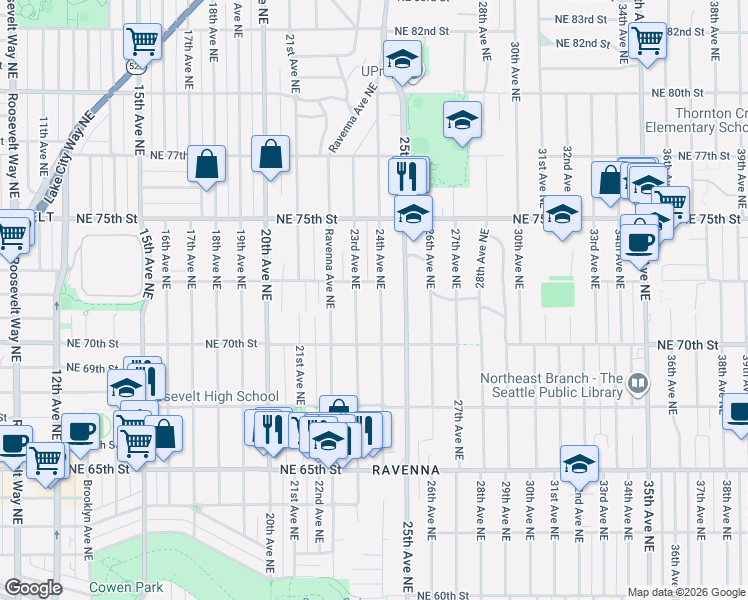 map of restaurants, bars, coffee shops, grocery stores, and more near 7042 23rd Avenue Northeast in Seattle