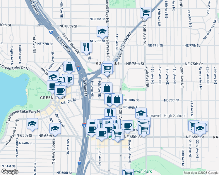 map of restaurants, bars, coffee shops, grocery stores, and more near 7120 Roosevelt Way Northeast in Seattle