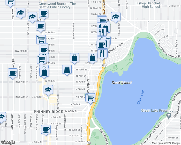 map of restaurants, bars, coffee shops, grocery stores, and more near 7105 Linden Avenue North in Seattle